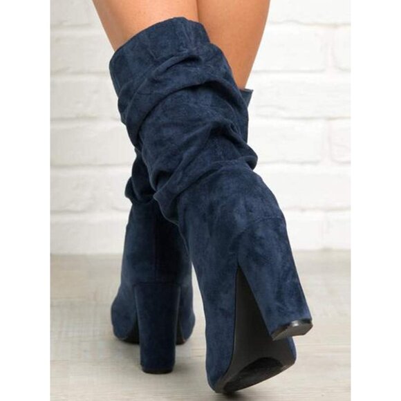 🆕Women's Navy Suede Mid Calf High Slouchy Chunky Heel Block Pointed Toe Boots - Picture 10 of 10